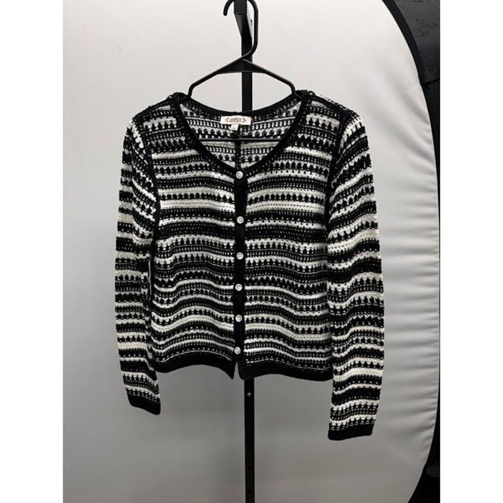 Nanette Lepore Black and White Striped Crochet Cardigan Sweater